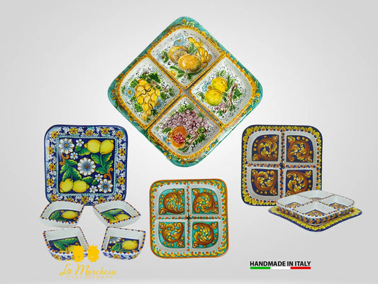 Antipastiera in Ceramica di Caltagirone Quadrata Decorata 4 scomparti - Vari Decoria