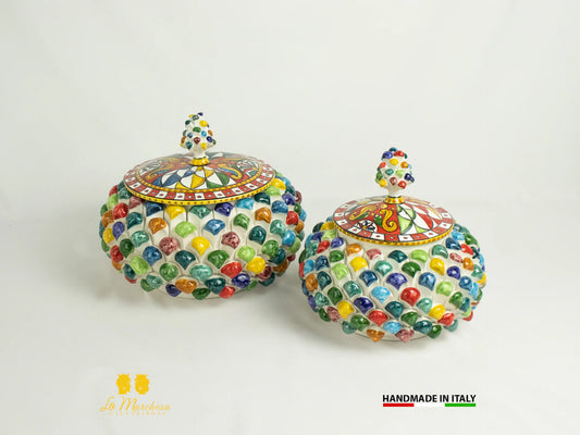 Biscottiera Pigna Ceramica di Caltagirone Multicolore Arlecchino bianco