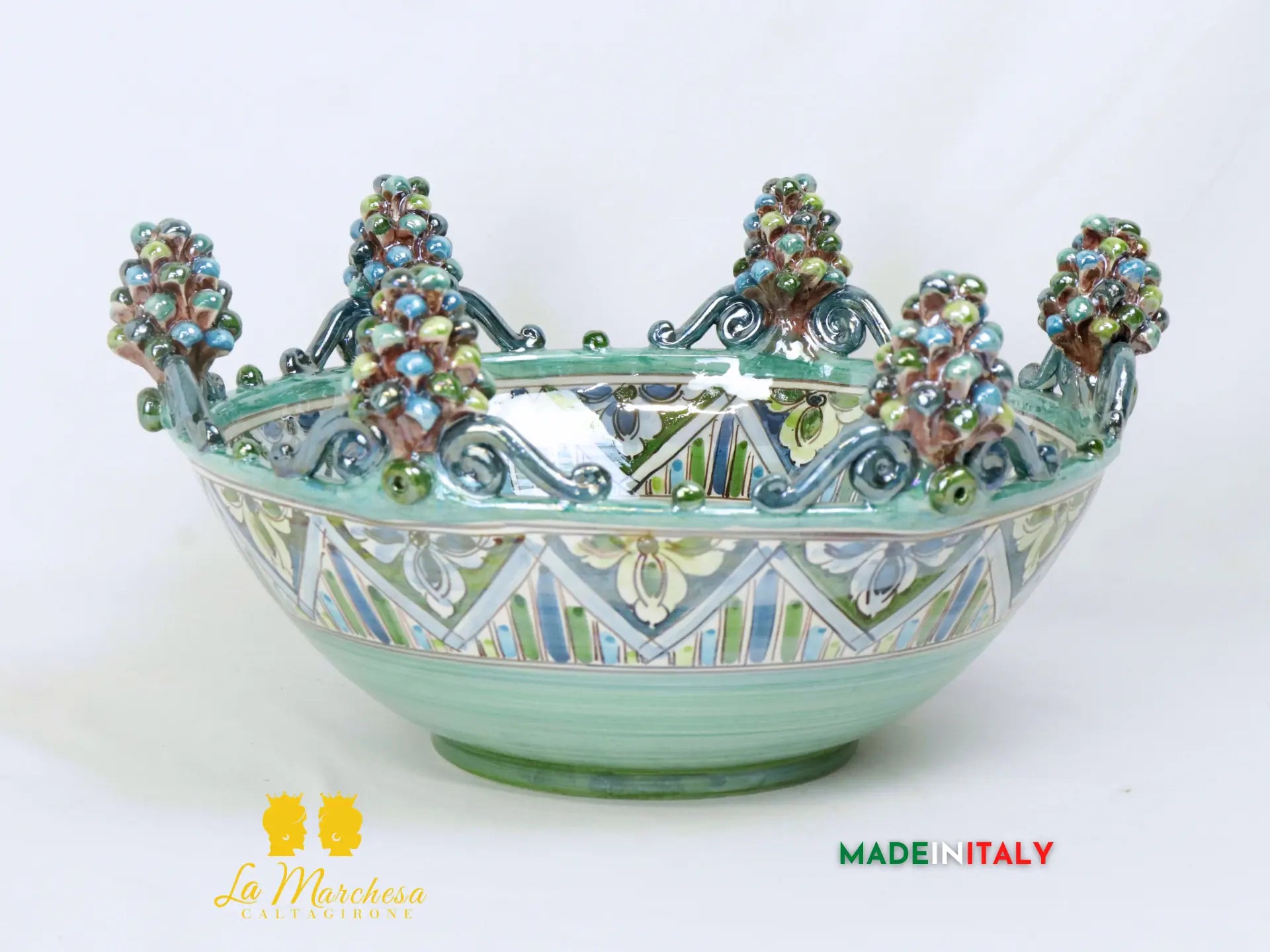 Centrotavola in Ceramica di Caltagirone Pigne blu celeste Madreperla