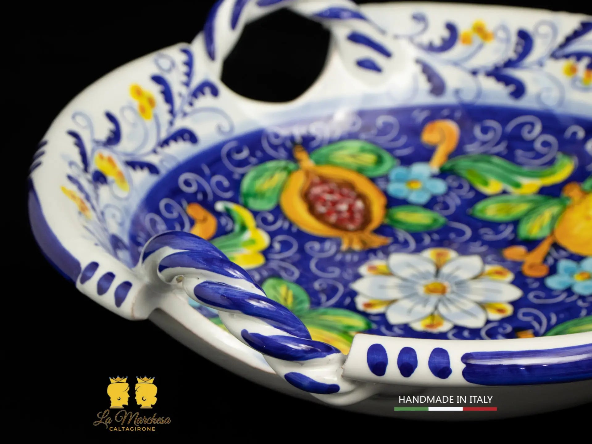 Centrotavola ciotola Ceramica di Caltagirone con manici Blu Frutta 33cm