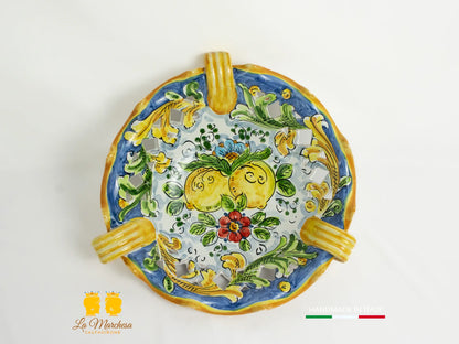 Centrotavola in Ceramica di Caltagirone con manici blu antico intagli 32cm