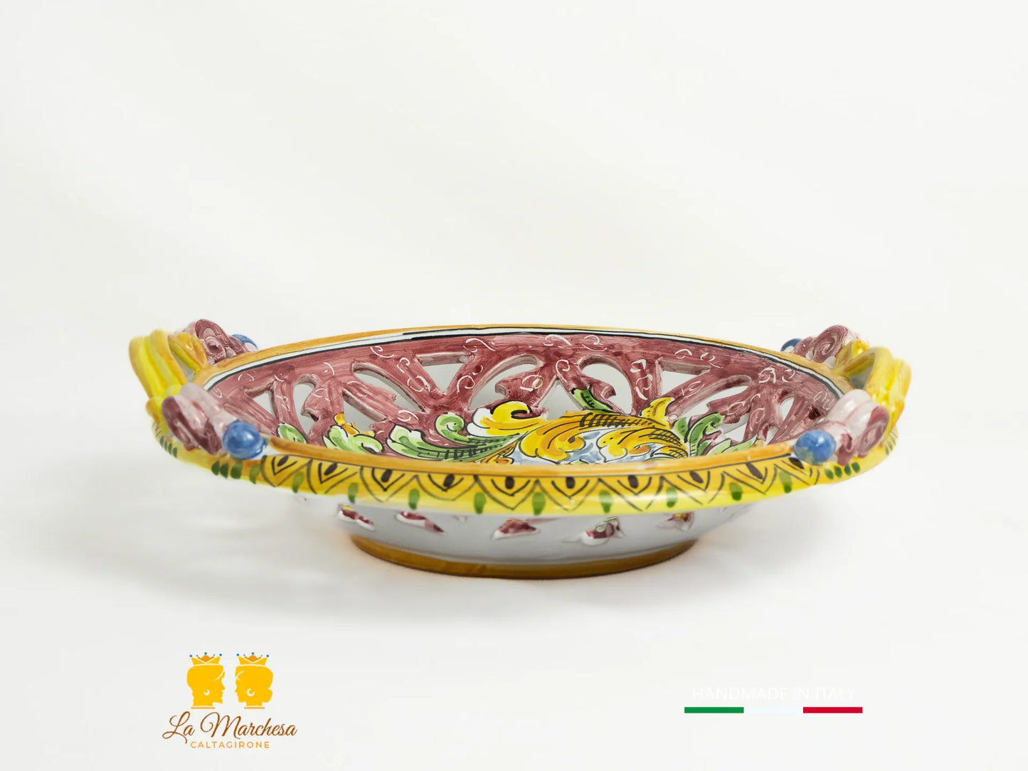 Centrotavola in Ceramica di Caltagirone ornato frutta bordeaux 31cm