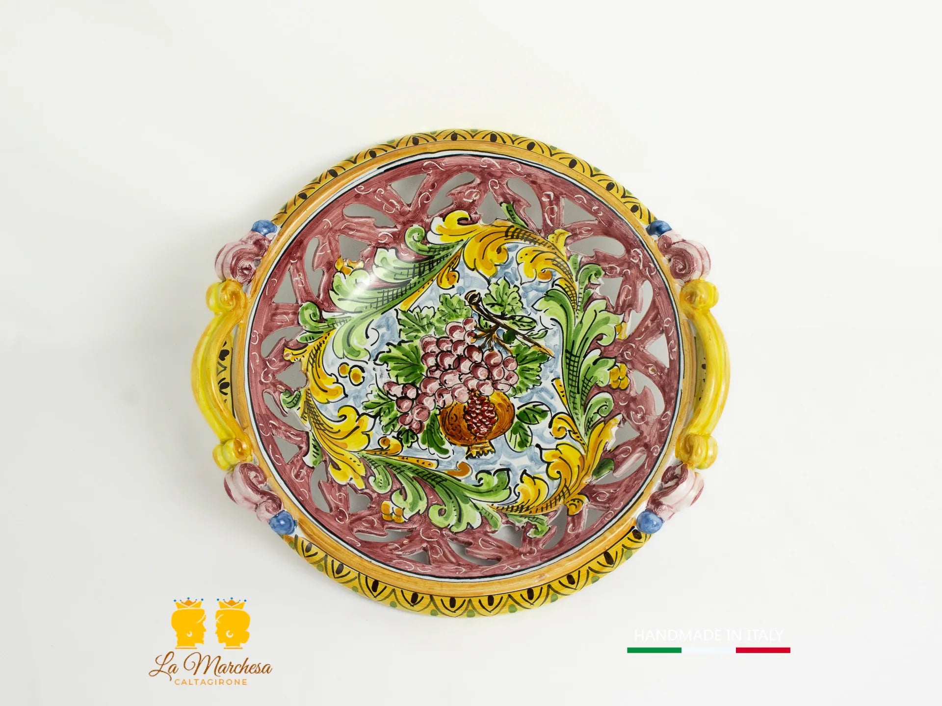 Centrotavola in Ceramica di Caltagirone ornato frutta bordeaux 31cm