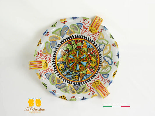 Centrotavola in Ceramica di Caltagirone con manici carretto intagli 32cm