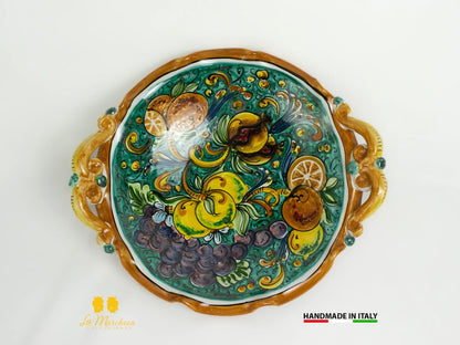 Centrotavola in Ceramica di Caltagirone orlato frutta verde rame 35cm