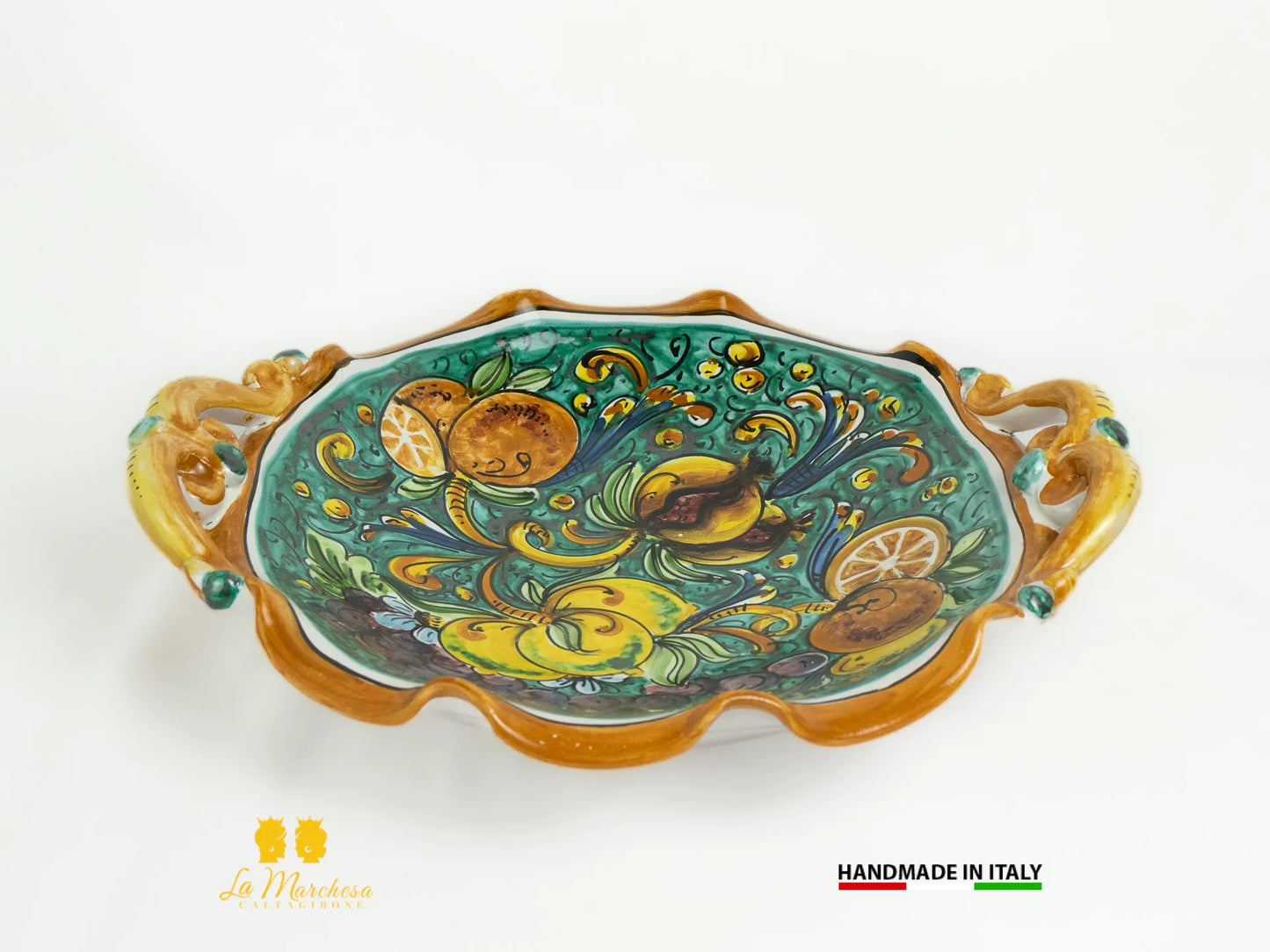 Centrotavola in Ceramica di Caltagirone orlato frutta verde rame 35cm