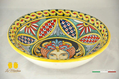 Ciotola Ceramica di Caltagirone Arte Siciliana volto donna carretto siciliano