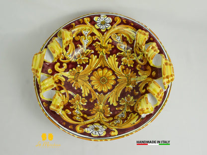 Centrotavola in Ceramica di Caltagirone tondo con manici bordeaux ornato 32cm