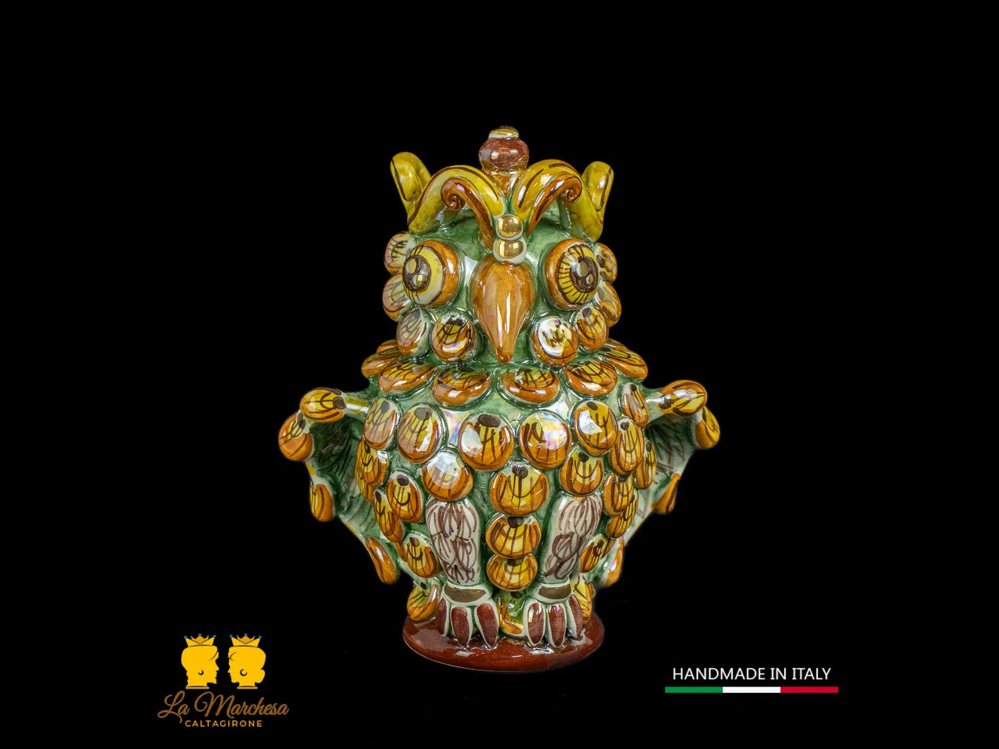 Gufo in ceramica di Caltagirone madreperla 17cm