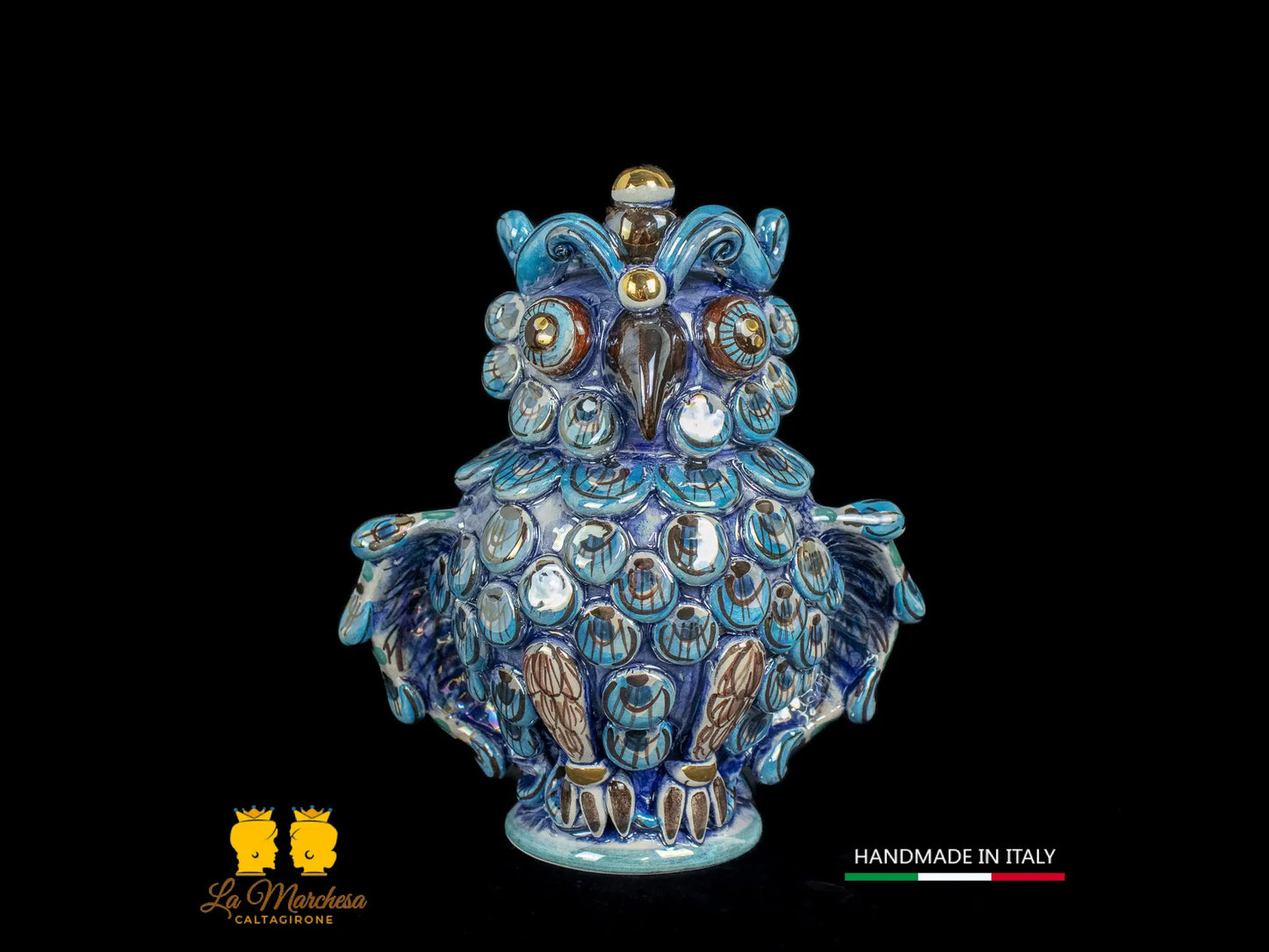 Gufo in ceramica di Caltagirone madreperla 17cm