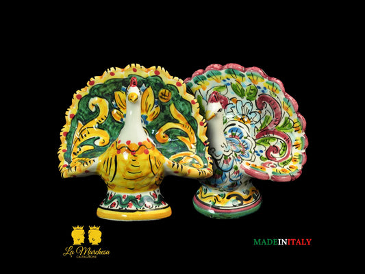 Animali Pavone in Ceramica di Caltagirone Sicilia piume ornato 14cm