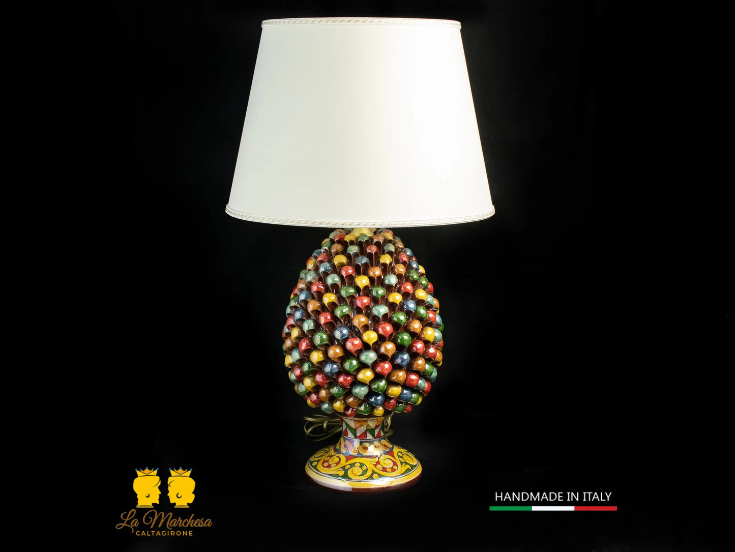 Lampada a pigna siciliana in Ceramica di Caltagirone classico arlecchino multicolore base carretto h33-4