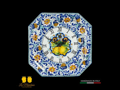 Orologio da parete in Ceramica di Caltagirone ottagonale 600 blu limoni 30cm