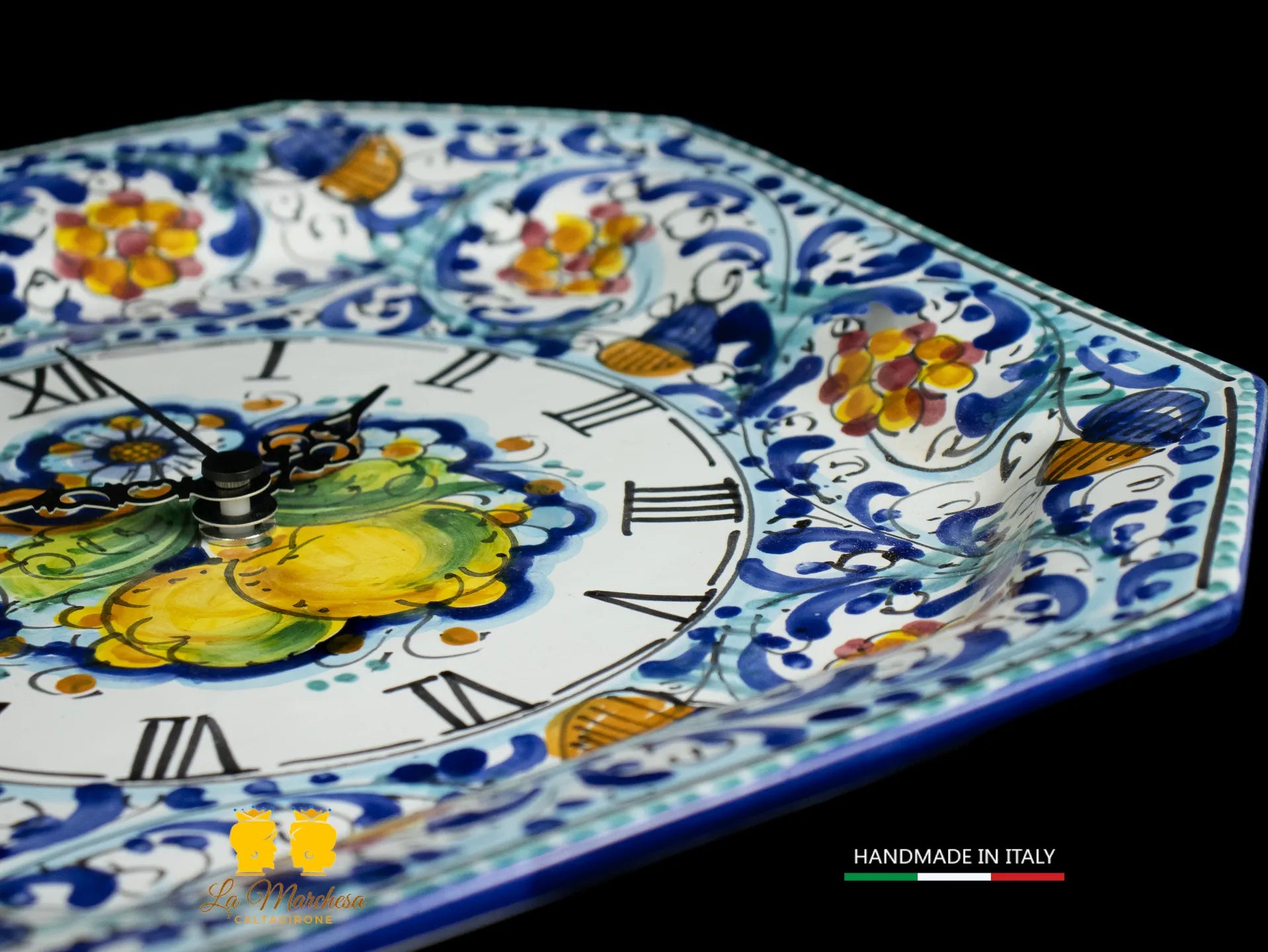 Orologio in Ceramica di Caltagirone ottagonale 600 blu limoni 30cm