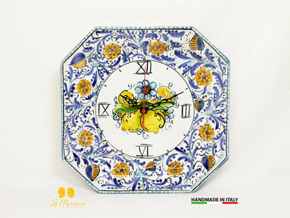 Orologio da parete in Ceramica di Caltagirone ottagonale 600 blu limoni 30cm