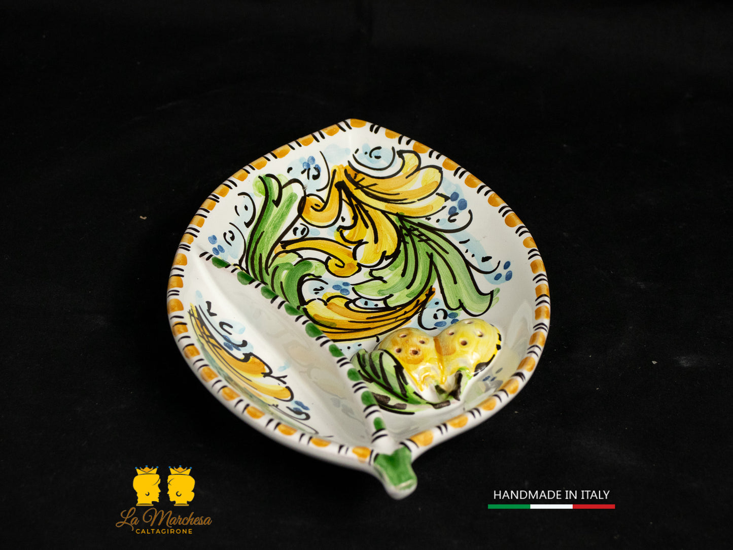 Piatto Antipastiera Ceramica di Caltagirone foglia limone decorato