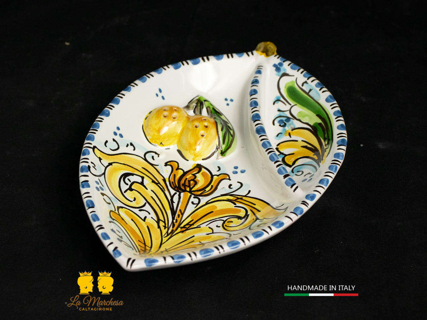 Piatto Antipastiera Ceramica di Caltagirone foglia limone decorato