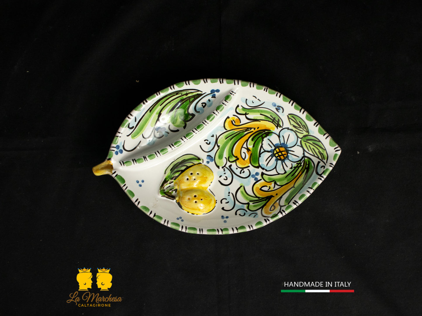 Piatto Antipastiera Ceramica di Caltagirone foglia limone decorato