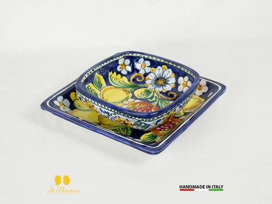 Piatti in ceramica di Caltagirone quadrati blu cobalto limoni - set ciotola e piano