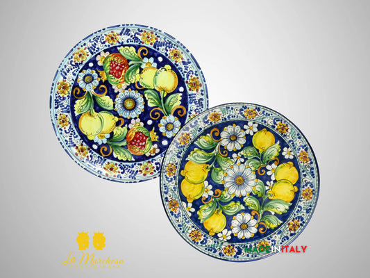 Piatto in Ceramica di Caltagirone blu cobalto limoni melograni 37cm