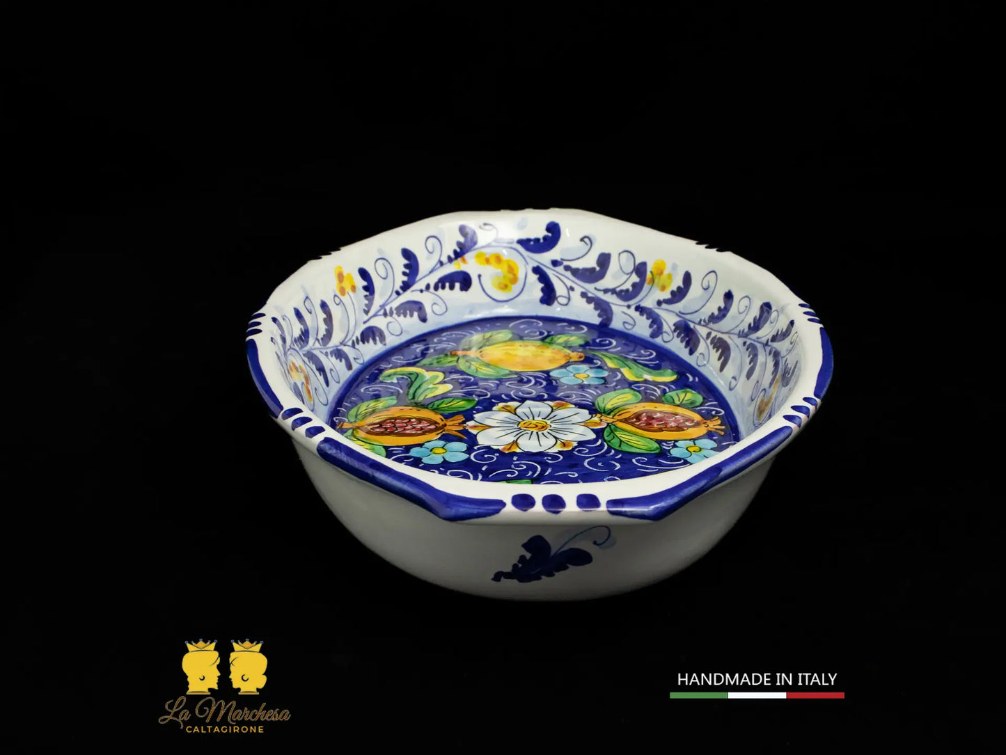 Pirofila Barca in Ceramica di Caltagirone blu cobalto limoni 37cm