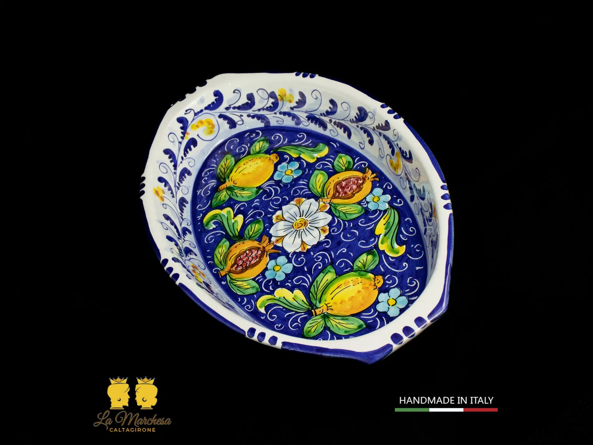 Pirofila Barca in Ceramica di Caltagirone blu cobalto limoni 37cm