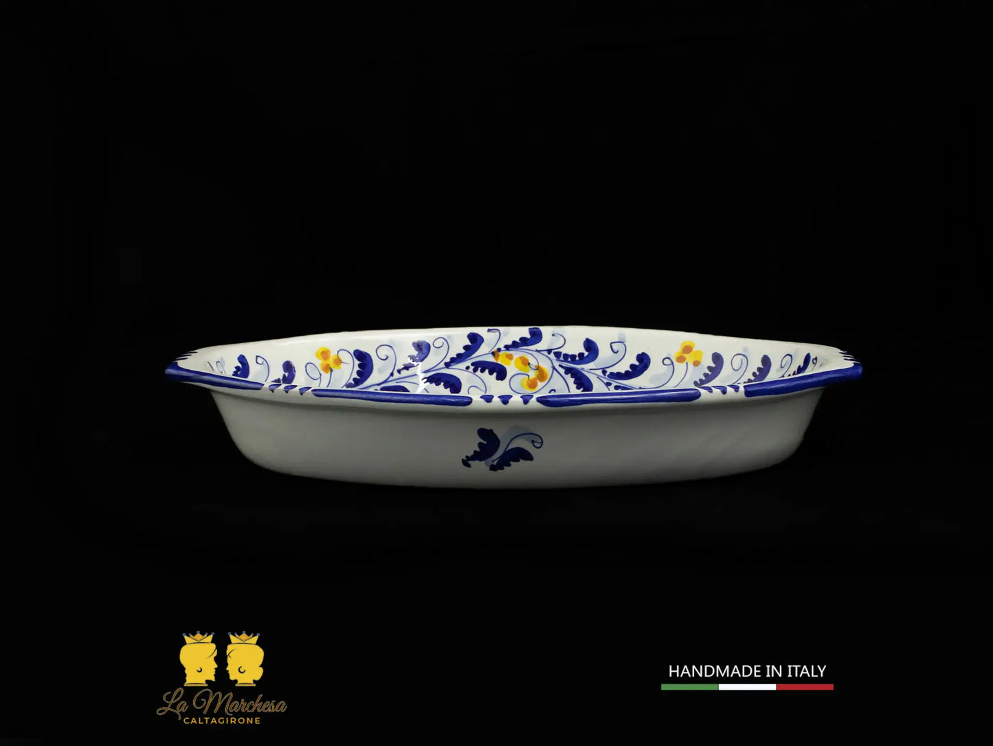 Pirofila Barca in Ceramica di Caltagirone blu cobalto limoni 37cm