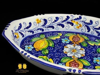 Pirofila Barca in Ceramica di Caltagirone blu cobalto limoni 37cm