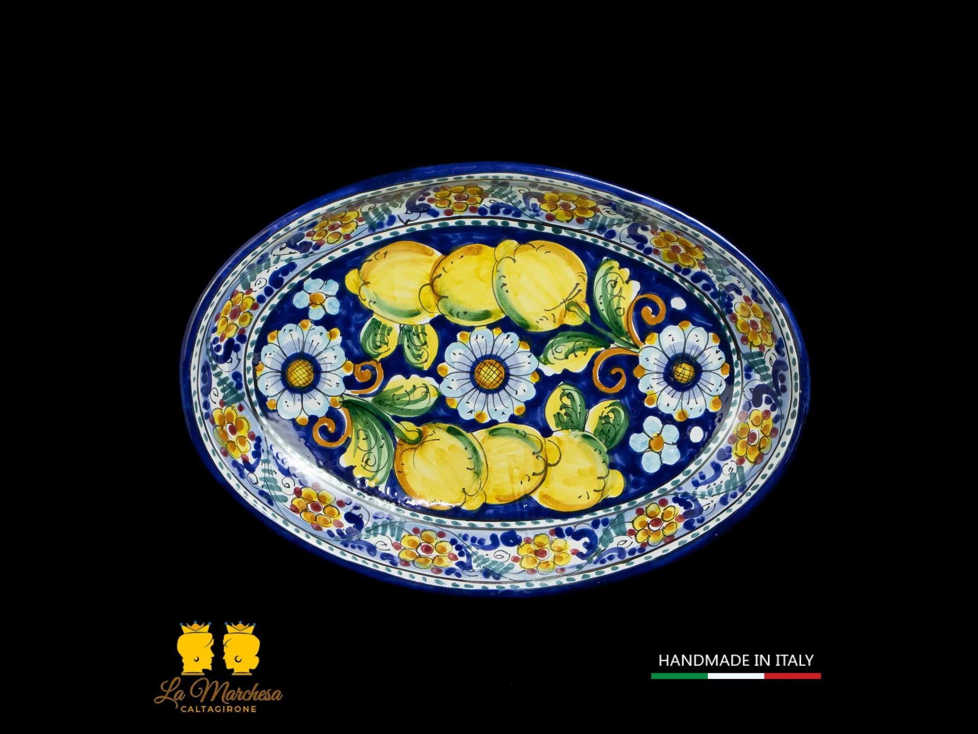 Vassoio ovale Pirofila in Ceramica di Caltagirone blu cobalto limoni 41cm