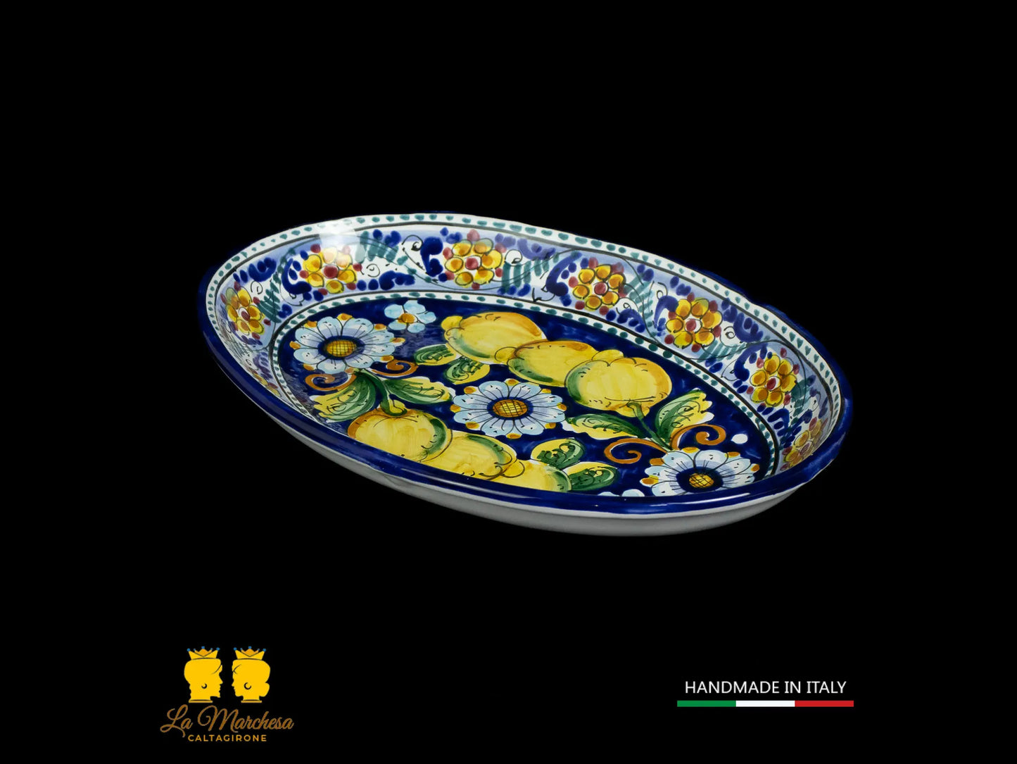 Vassoio ovale Pirofila in Ceramica di Caltagirone blu cobalto limoni 41cm