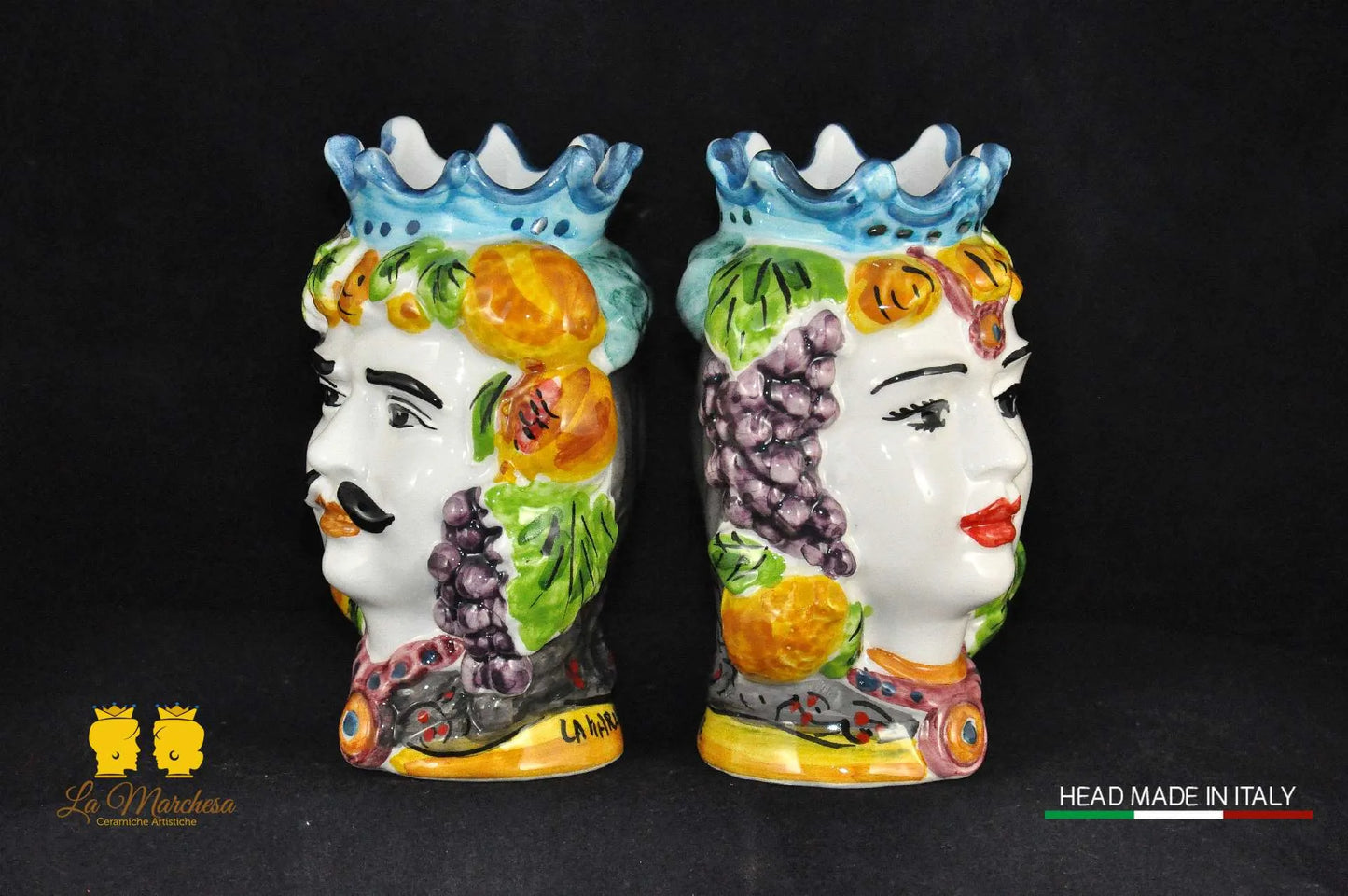 Teste di Moro in Ceramica di Caltagirone Corona e Frutta H14