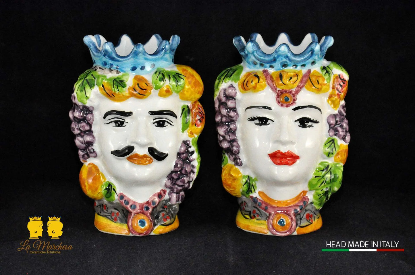 Teste di Moro in Ceramica di Caltagirone Corona e Frutta H14