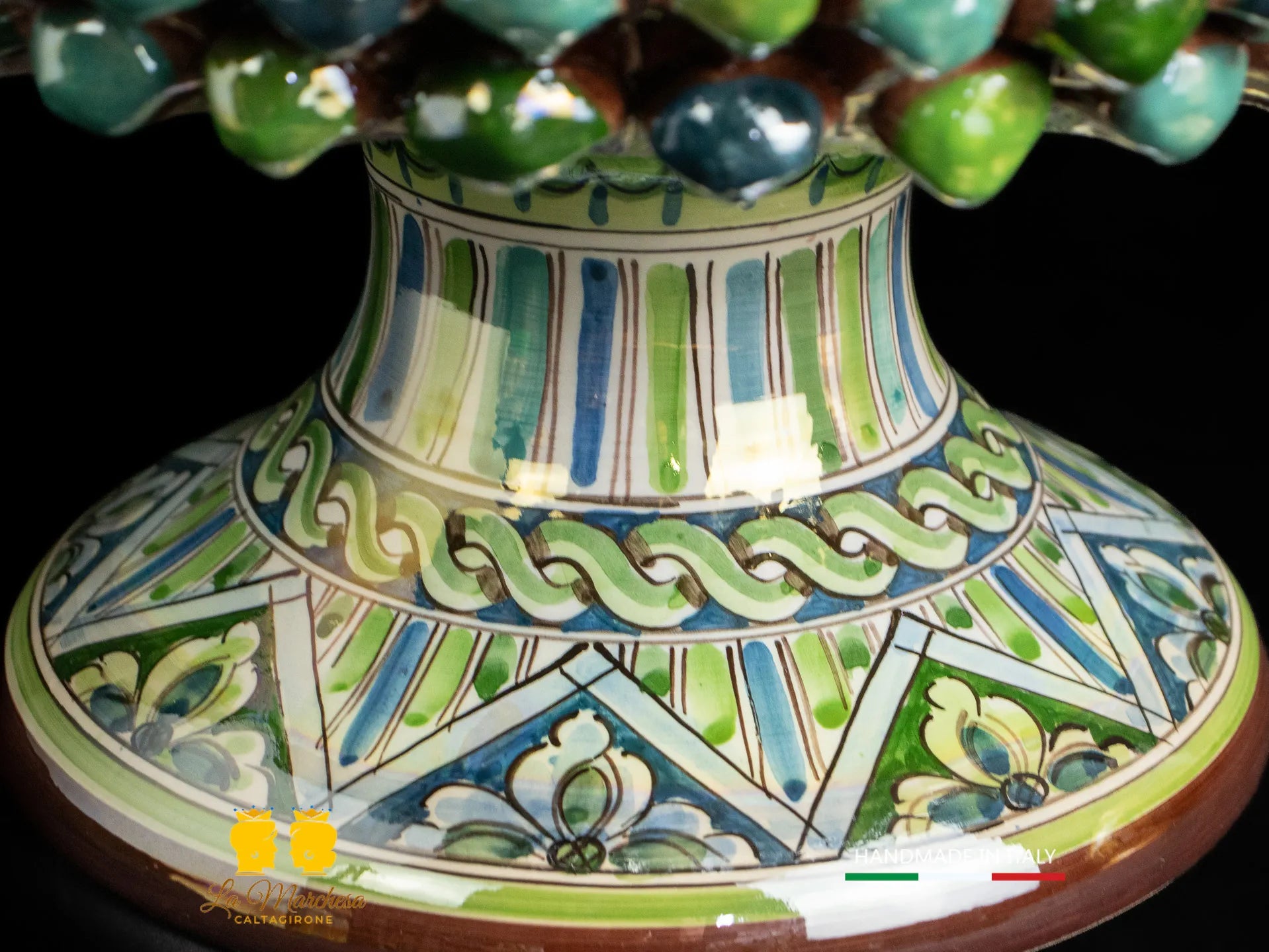 Portavaso Pigna Siciliana Ceramica di Caltagirone blu verde 34cm Madreperla