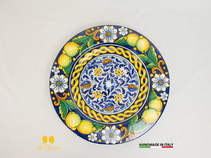 Piatto Falda in Ceramica di Caltagirone blu cobalto limone 42cm