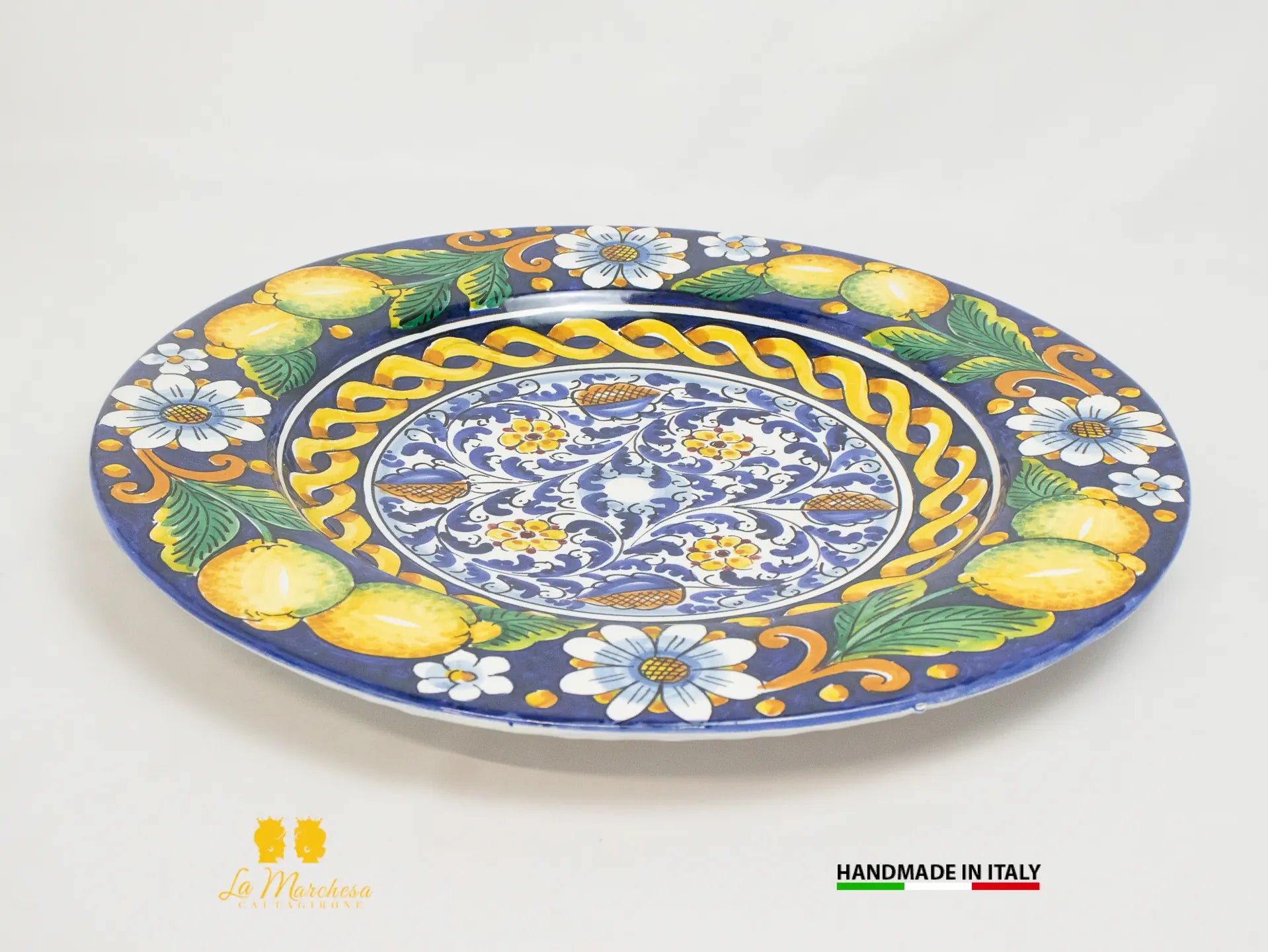 Piatto Falda in Ceramica di Caltagirone blu cobalto limone 42cm