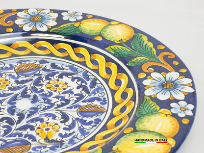 Piatto Falda in Ceramica di Caltagirone blu cobalto limone 42cm