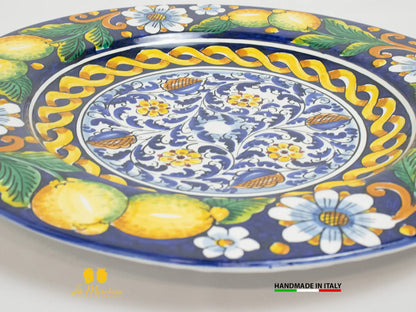 Piatto Falda in Ceramica di Caltagirone blu cobalto limone 42cm