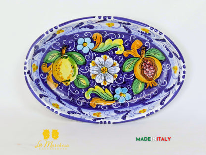 Vassoio pirofila in Ceramica di Caltagirone blu cobalto limoni - 28cm