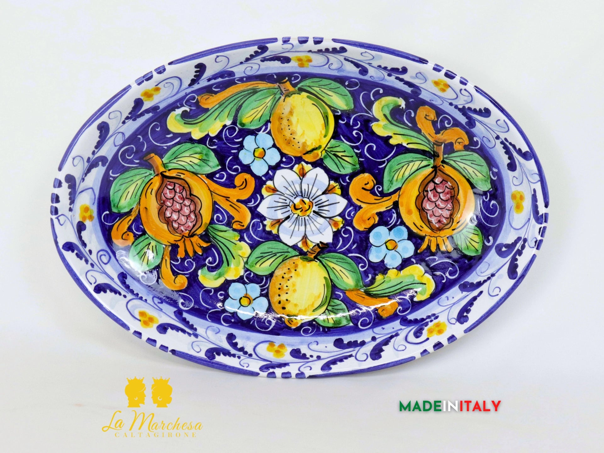 Vassoio pirofila in Ceramica di Caltagirone blu cobalto limoni - 35cm