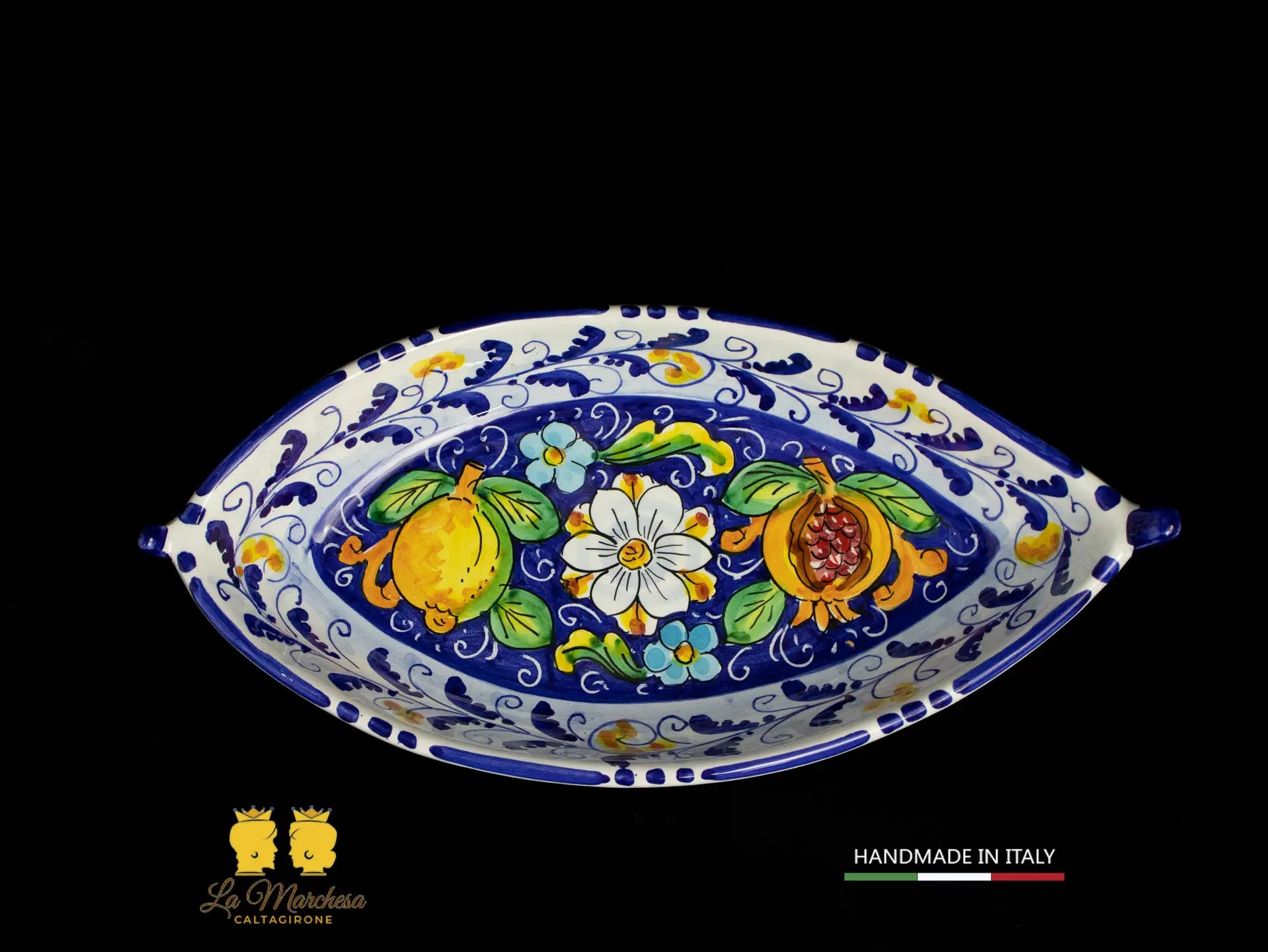 Pirofila Barca in Ceramica di Caltagirone blu cobalto limoni 31cm