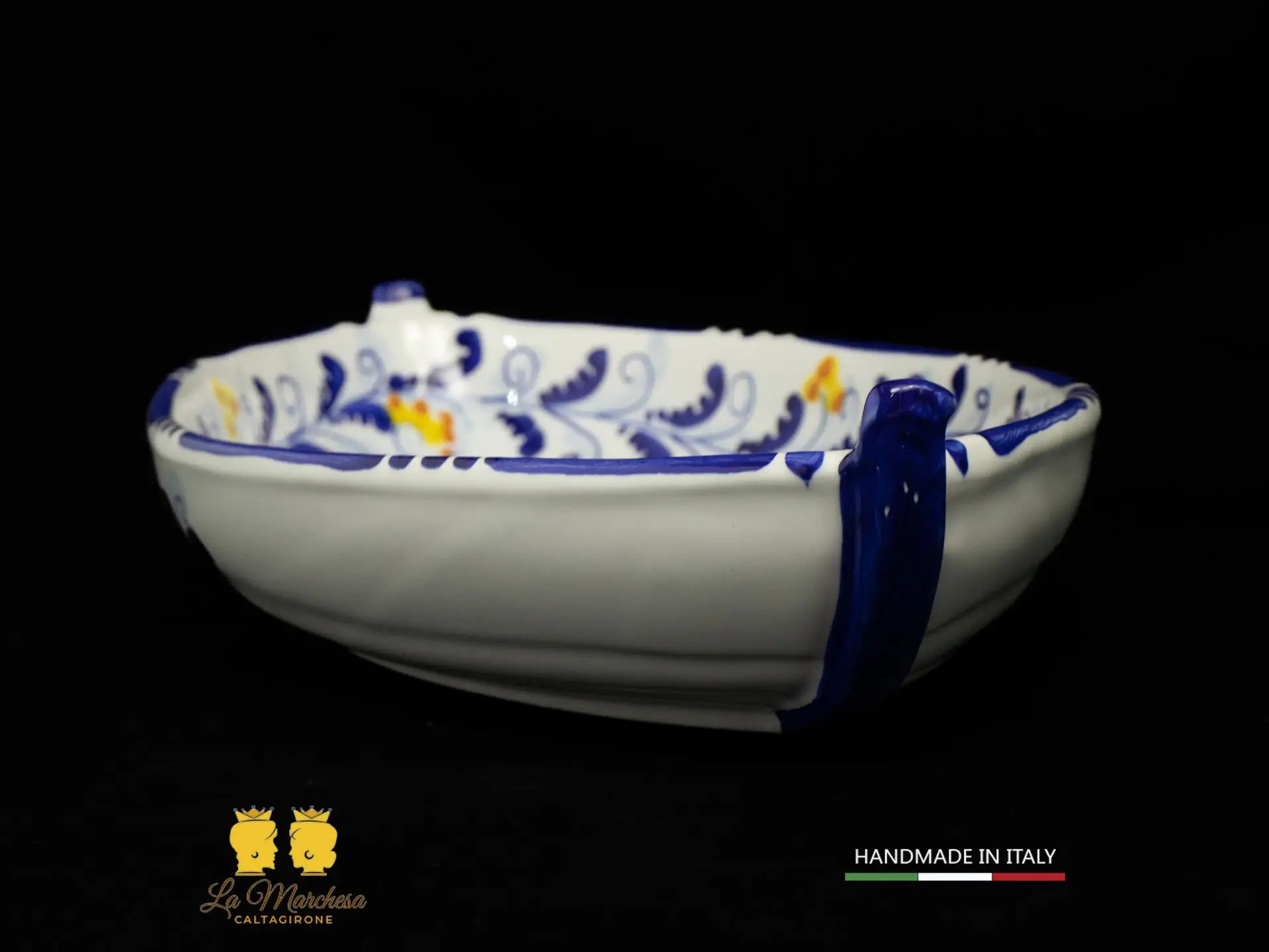 Pirofila Barca in Ceramica di Caltagirone blu cobalto limoni 40cm