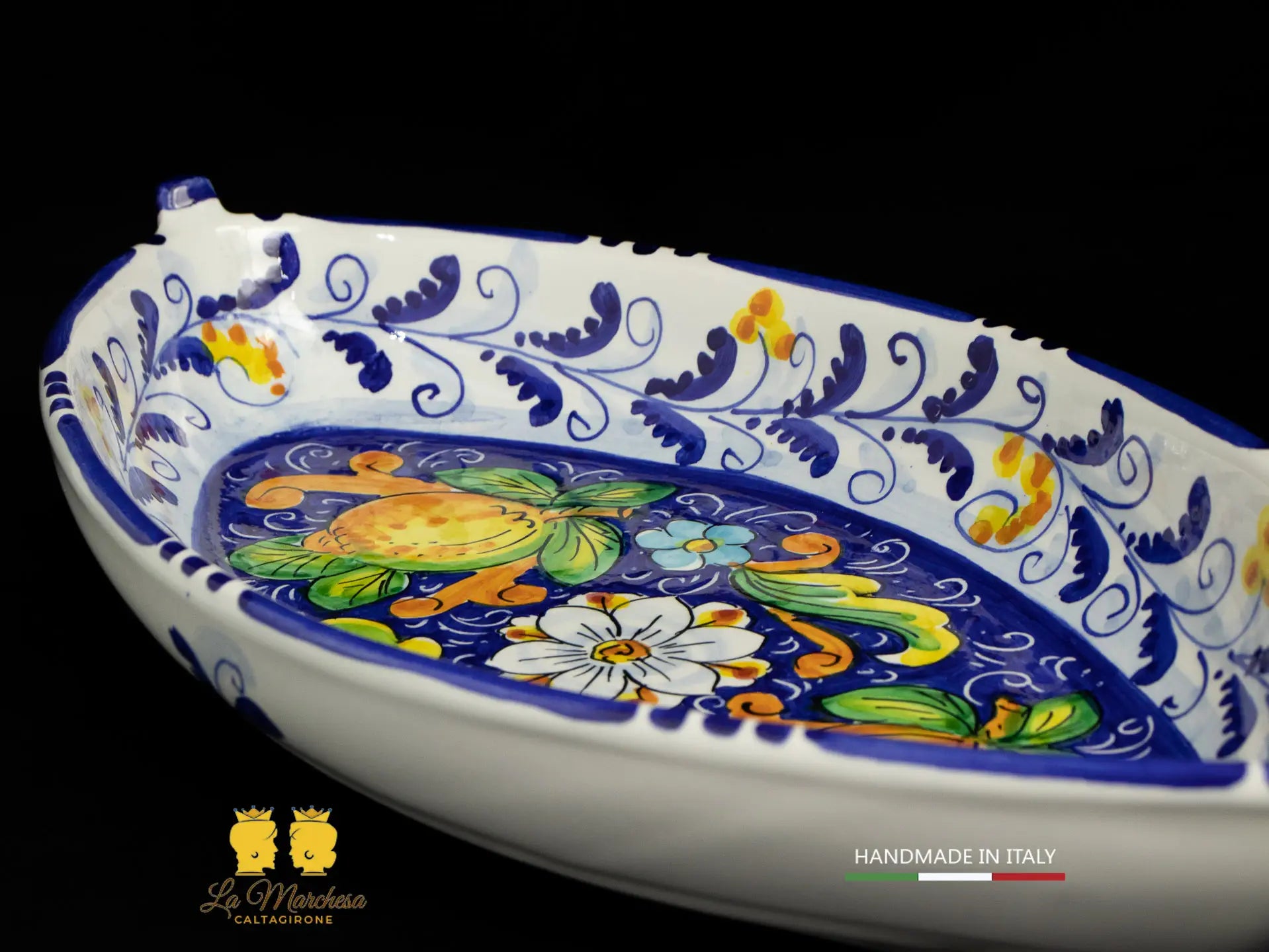 Pirofila Barca in Ceramica di Caltagirone blu cobalto limoni 40cm