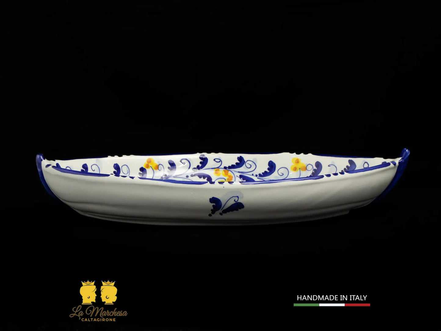 Pirofila Barca in Ceramica di Caltagirone blu cobalto limoni 40cm