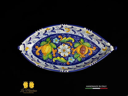 Pirofila Barca in Ceramica di Caltagirone blu cobalto limoni 40cm