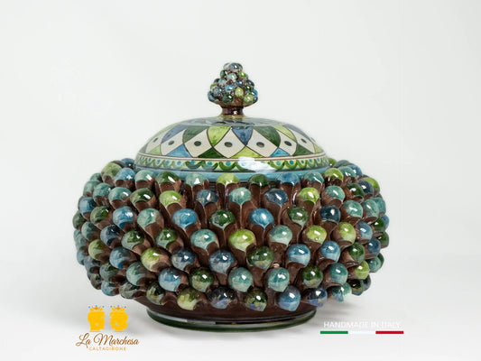 Biscottiera Pigna Ceramica di Caltagirone Multicolore Madreperla verde 26cm