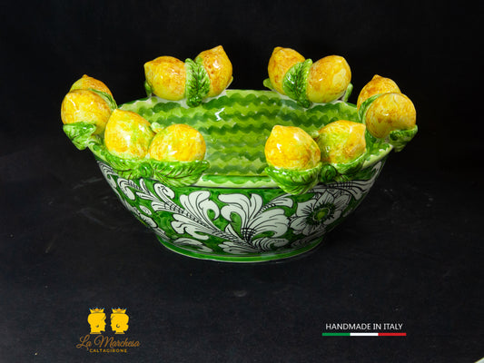 Centrotavola Ceramica Caltagirone Limoni Giallo verde onde ciotola decorata