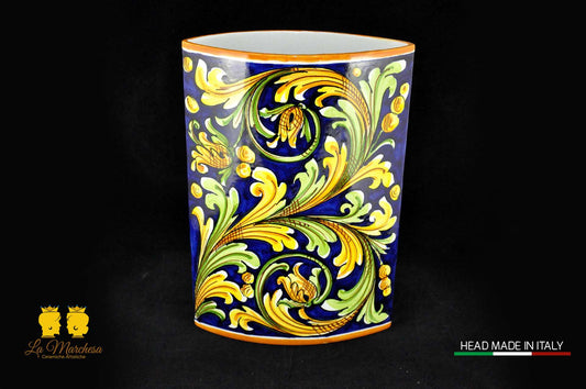 Vaso Design sottile Ceramica di Caltagirone blu cobalto ornato