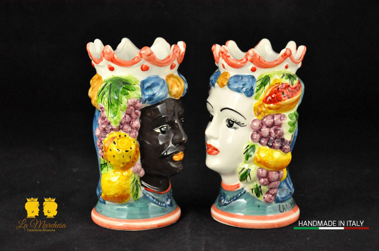 Teste di Moro in Ceramica di Caltagirone Corona e Frutta H14 - Vari Modelli