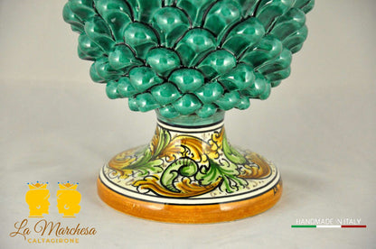 Elegante Pigna Siciliana Artigianale Ceramica di Caltagirone Verde Rame H31