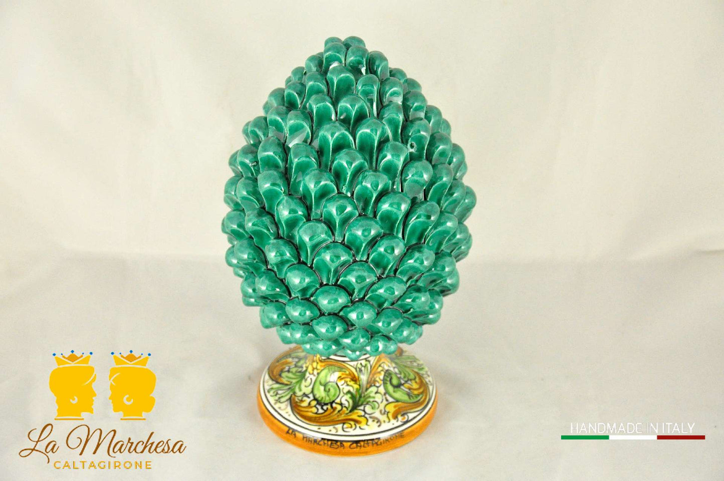 Elegante Pigna Siciliana Artigianale Ceramica di Caltagirone Verde Rame H31